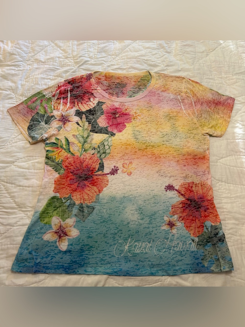 Hawaiian Burnout T Shirt Top womens 2X Tropical floral AOP Sheer Beach Vacation